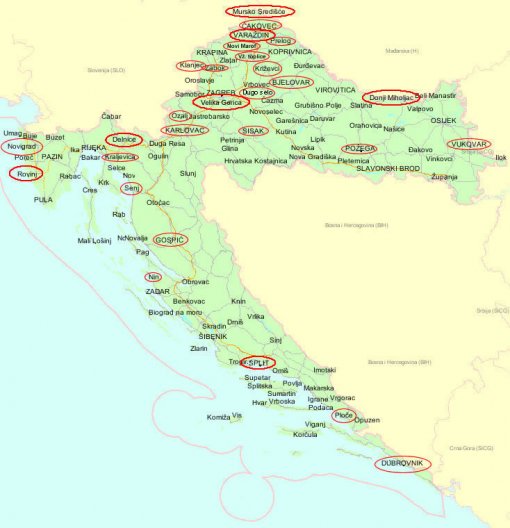 Map of Croatia with towns that banned circuses Map of Croatia with towns that banned circuses