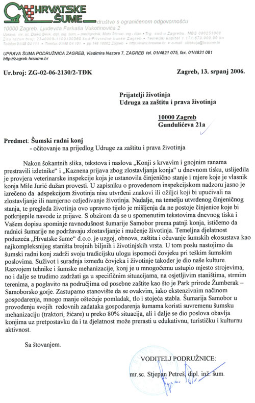 Odgovor Hrvatskih šuma Odgovor Hrvatskih šuma