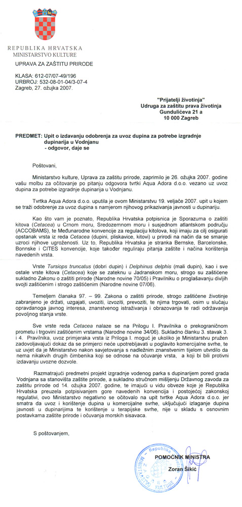 Odgovor Ministarstva kulture