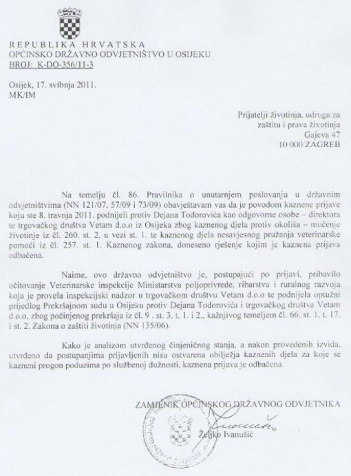 Odgovor državnog odvjetništva u Osijeku na kaznenu prijavu Odgovor državnog odvjetništva u Osijeku na kaznenu prijavu
